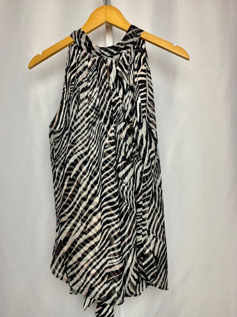 White House Black Market Womenʻs Zebra Pattern Flowy Halter Neckline Blouse 6